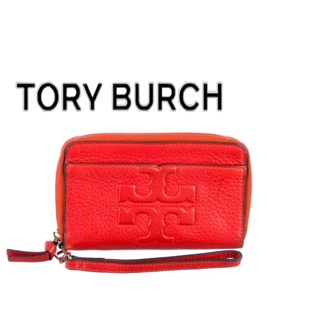 Tory Burch Wristlet Orange Leather Gold Hardware Wrist Strap